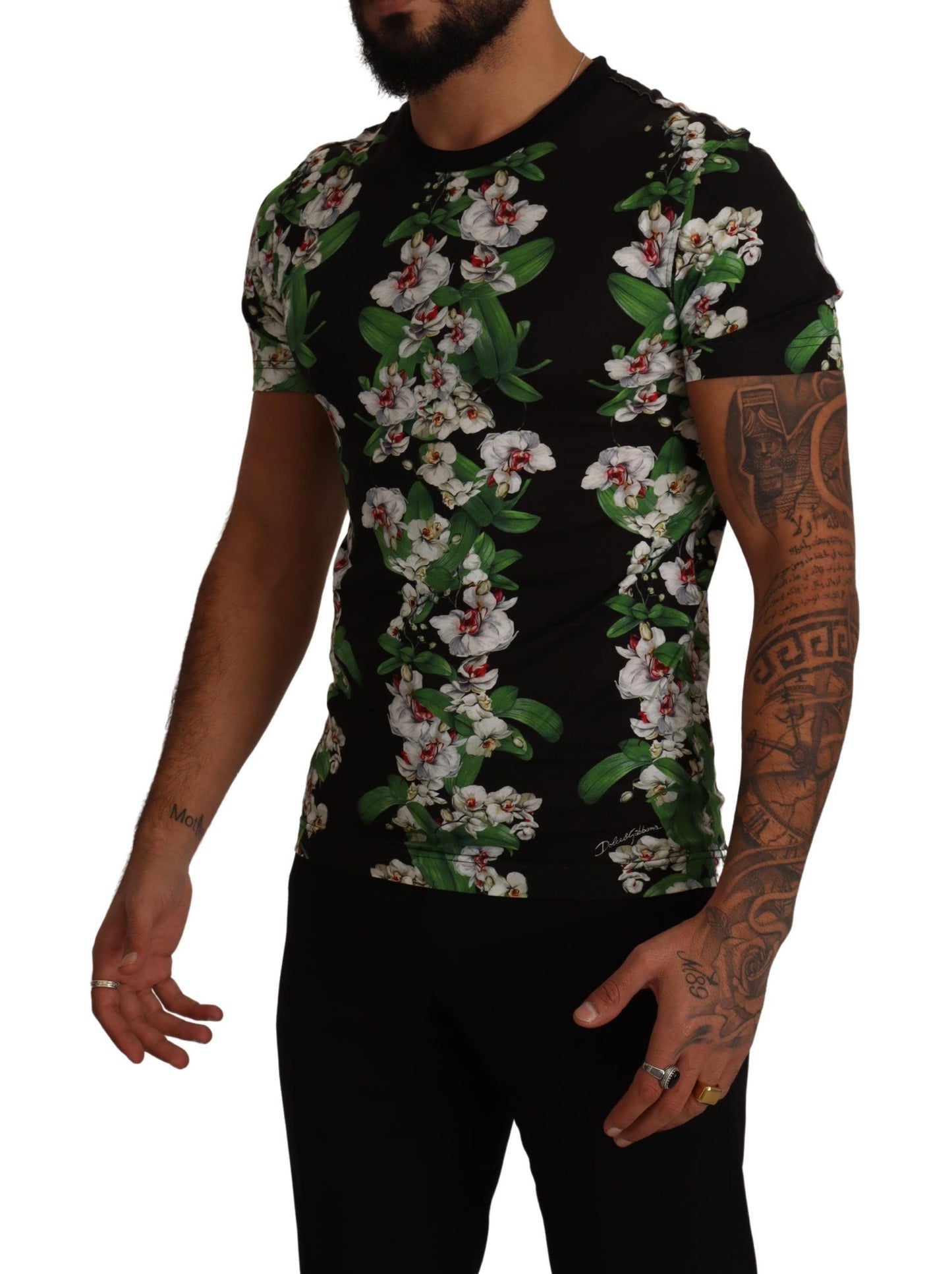 Dolce & Gabbana Schwarzes T-Shirt mit Blumendruck und Rundhalsausschnitt