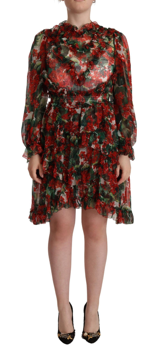 Dolce & Gabbana Multicolor Rotes Florales Langes Seidenkleid