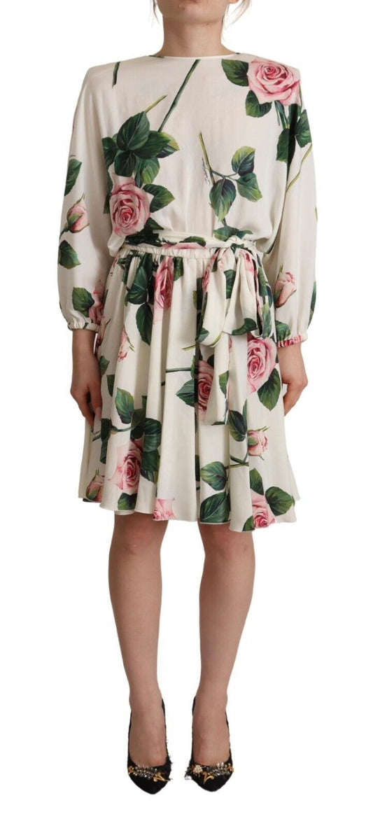 Dolce & Gabbana Weißes Kleid mit Rosenmuster und langen Ärmeln in A-Linie