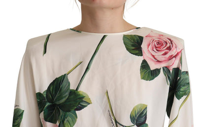 Dolce & Gabbana Weißes Kleid mit Rosenmuster und langen Ärmeln in A-Linie