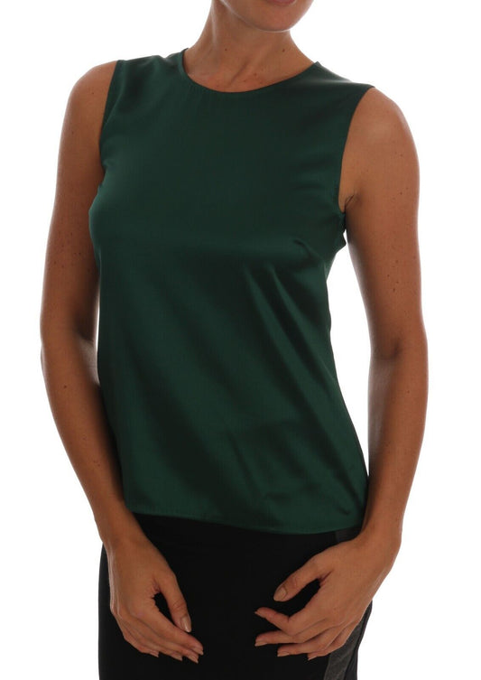 Dolce & Gabbana Dunkelgrünes ärmelloses Tank-Top aus Seide mit Rundhalsausschnitt