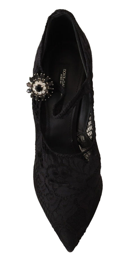 Dolce & Gabbana Schwarz Spitze Kristalle Heels Mary Jane Pumps Schuhe