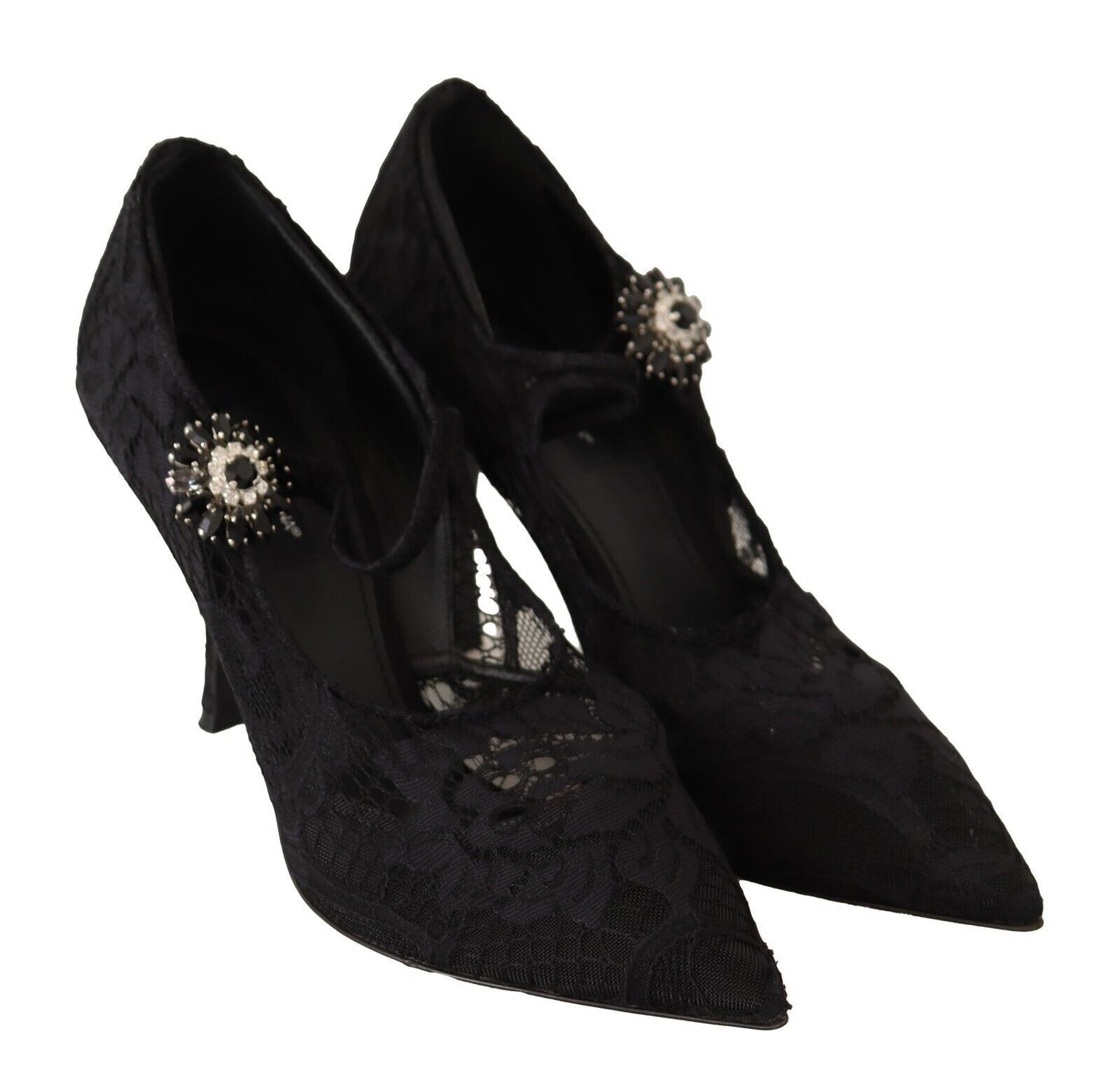 Dolce & Gabbana Schwarz Spitze Kristalle Heels Mary Jane Pumps Schuhe