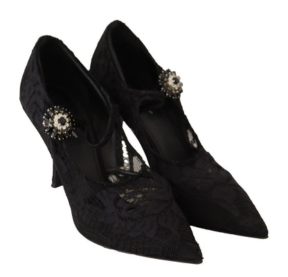 Dolce & Gabbana Schwarz Spitze Kristalle Heels Mary Jane Pumps Schuhe