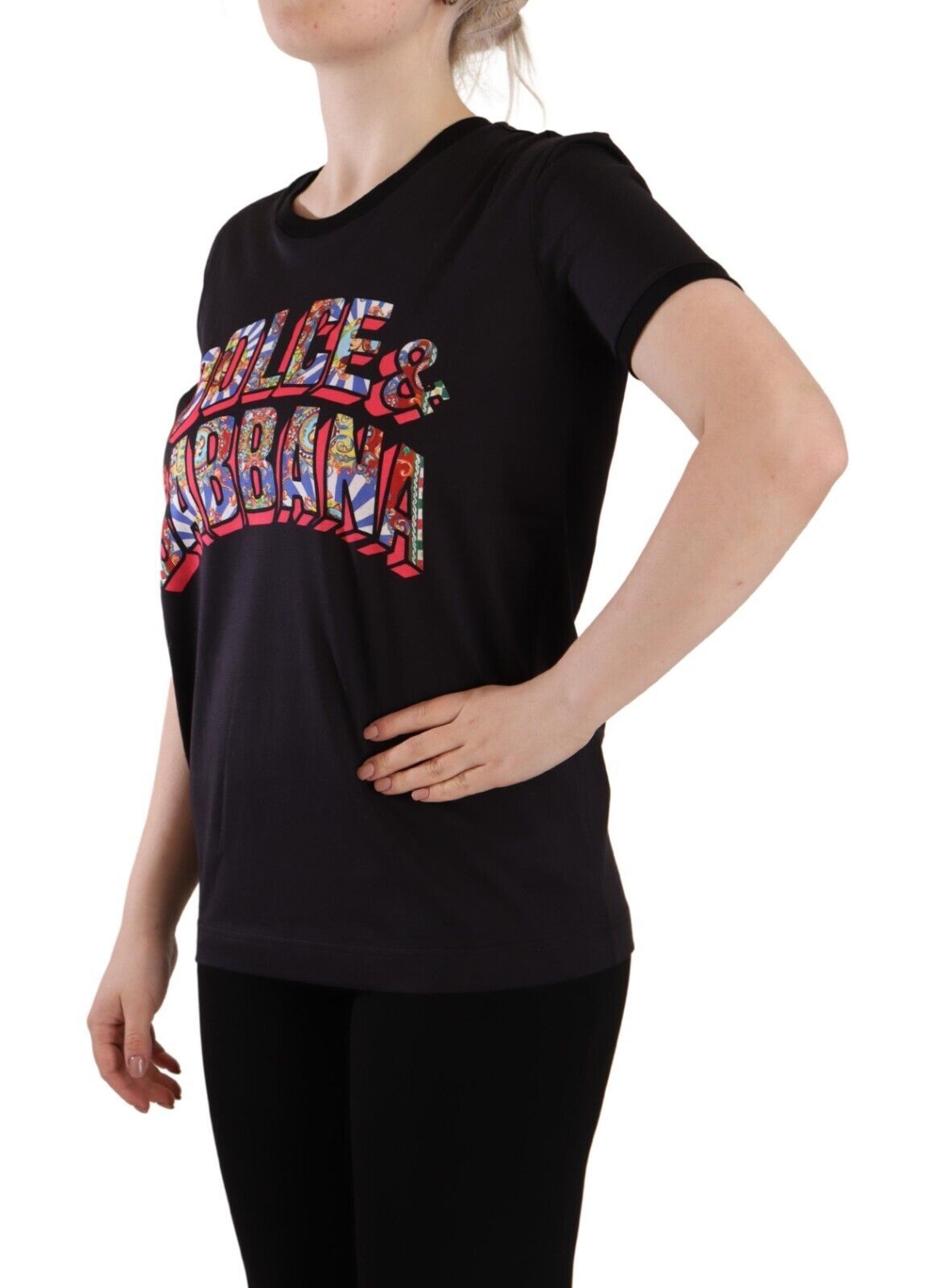 Dolce & Gabbana Schwarzes Logo Print Baumwolle Rundhals T-Shirt