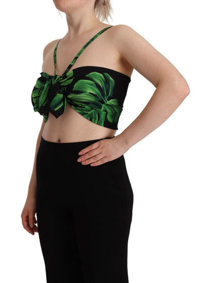 Dolce & Gabbana Schwarz-grünes Blatt-Seidenhalfter-Top