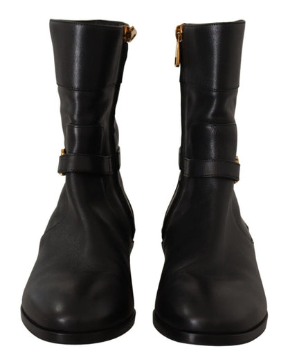 Dolce & Gabbana Schwarzes Leder Flats Logo Kurze Stiefel Schuhe