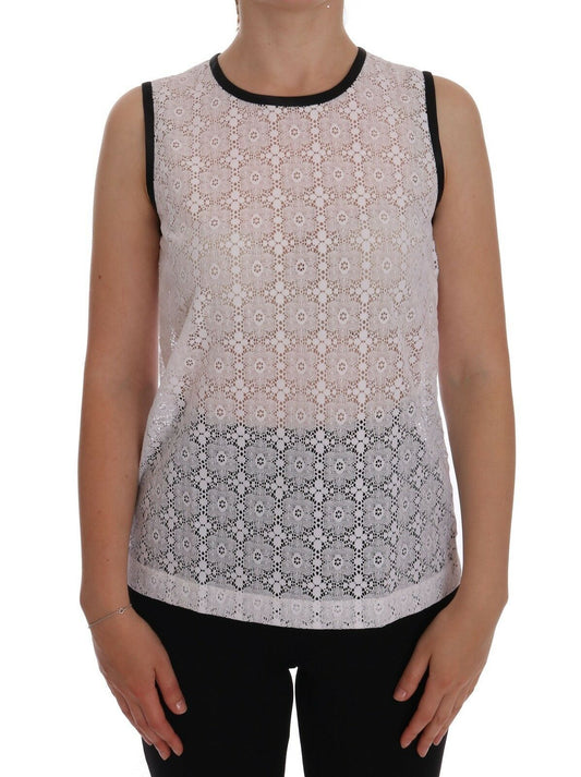 Dolce & Gabbana Weißes geblümtes Nylon-Tank-T-Shirt mit Spitze