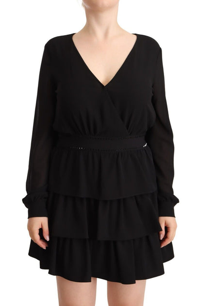 Liu Jo Schwarzes Polyester Langärmeliges Mini-A-Linien-Kleid mit V-Ausschnitt