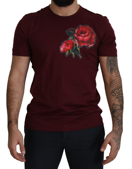 Dolce & Gabbana Bordeauxfarbenes Rosen-T-Shirt aus Baumwolle mit Rundhalsausschnitt