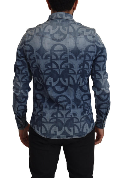 Dolce & Gabbana Blaues Denim Stretch DG Logo Lässiges schmales Herrenhemd