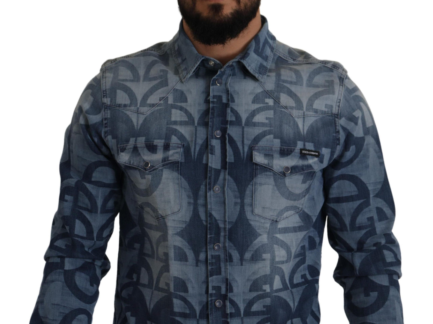 Dolce & Gabbana Blaues Denim Stretch DG Logo Lässiges schmales Herrenhemd