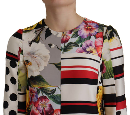Dolce & Gabbana Multicolor Charmeuse Floral Mantel Jaquard Pachwork Kleid
