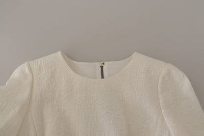 Dolce & Gabbana Weißes Jaquard Midi Kleid mit Blumenmuster und Brokatbesatz