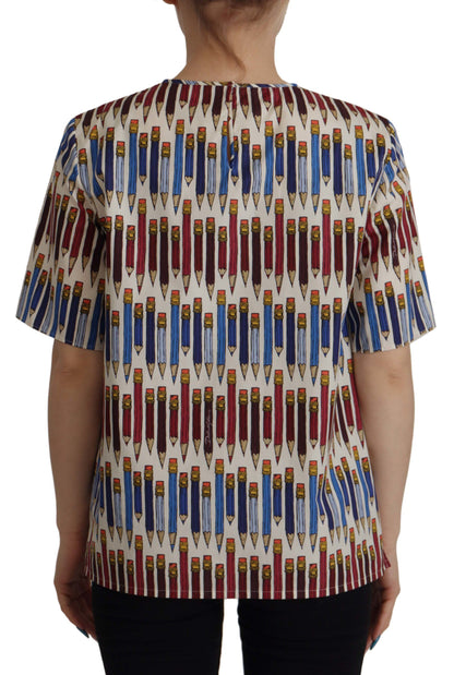 Dolce & Gabbana Weiße T-Shirt-Bluse mit Bleistiftdruck aus Baumwolle