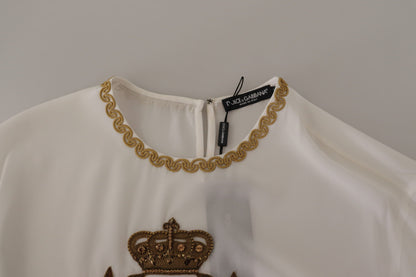 Dolce & Gabbana Weißes Seiden-Gold-DG-Kronenkristall-Blusentop