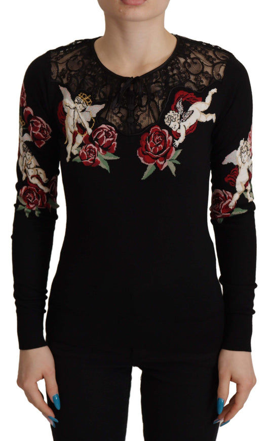 Dolce & Gabbana Schwarzer Spitzen-Engel-Rosen-Strickpullover