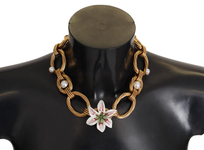 Dolce & Gabbana Gold White Lily Floral Kette Statement Halskette