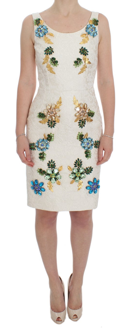 Dolce & Gabbana Weißes Brokat-Kristall-Etuikleid