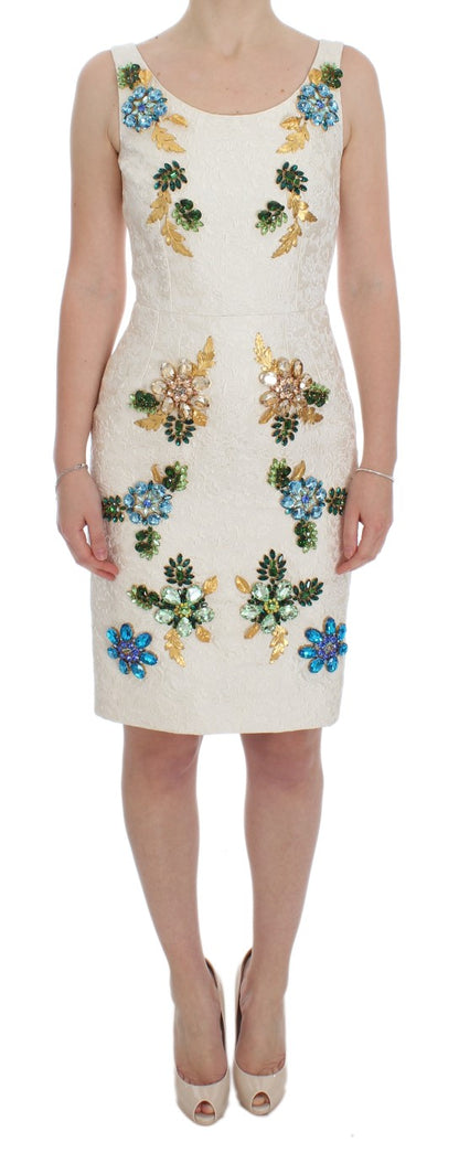 Dolce & Gabbana Weißes Brokat-Kristall-Etuikleid