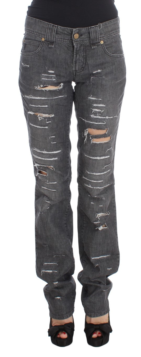 John Galliano Gray Cotton Wash Ripped Straight Fit Jeans