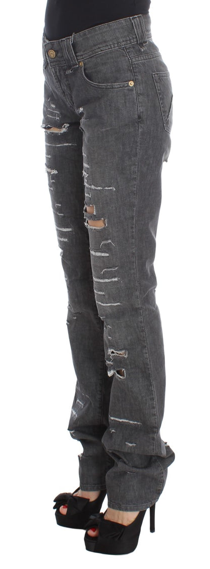 John Galliano Gray Cotton Wash Ripped Straight Fit Jeans