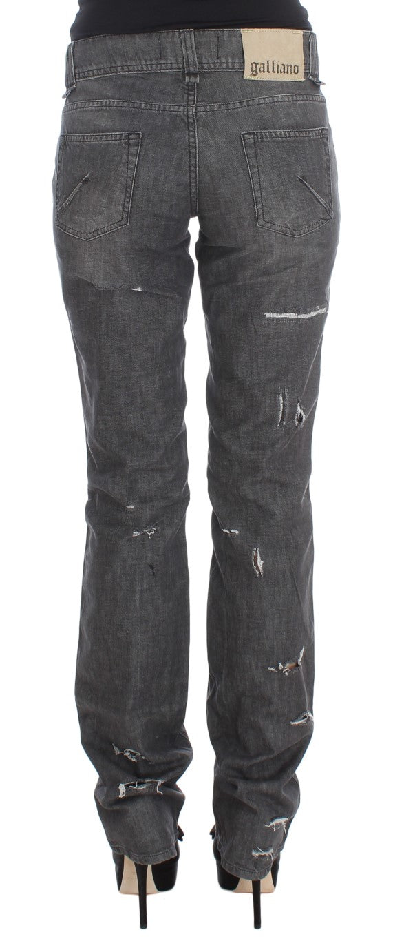 John Galliano Gray Cotton Wash Ripped Straight Fit Jeans