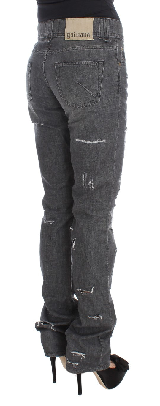 John Galliano Gray Cotton Wash Ripped Straight Fit Jeans
