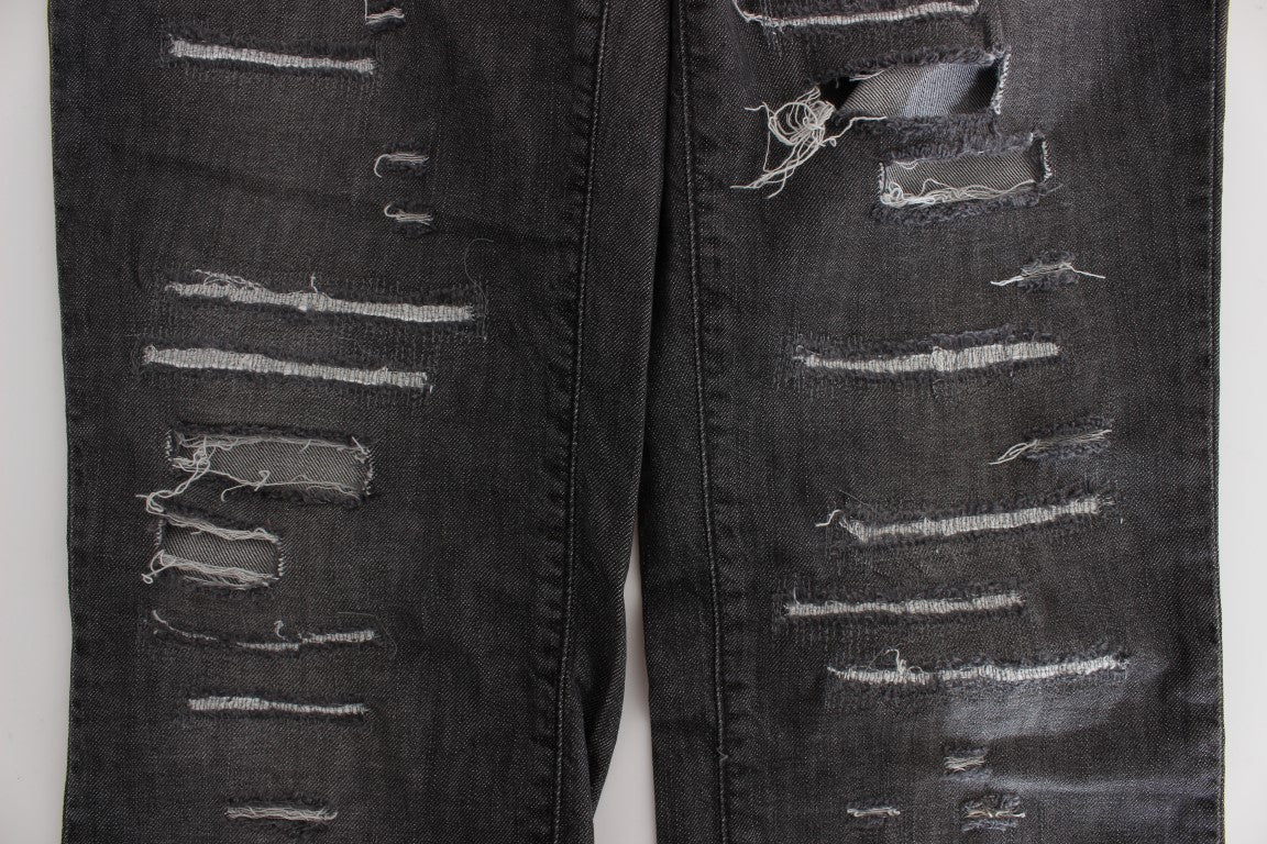 John Galliano Gray Cotton Wash Ripped Straight Fit Jeans