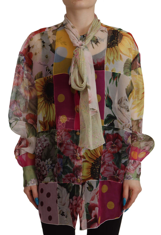 Dolce & Gabbana Multicolor Ascot Kragen Patchwork Bluse Top