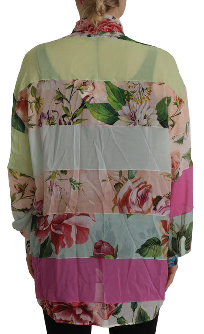 Dolce & Gabbana Multicolor Floral Patchwork Design Ascot Kragen Top Bluse