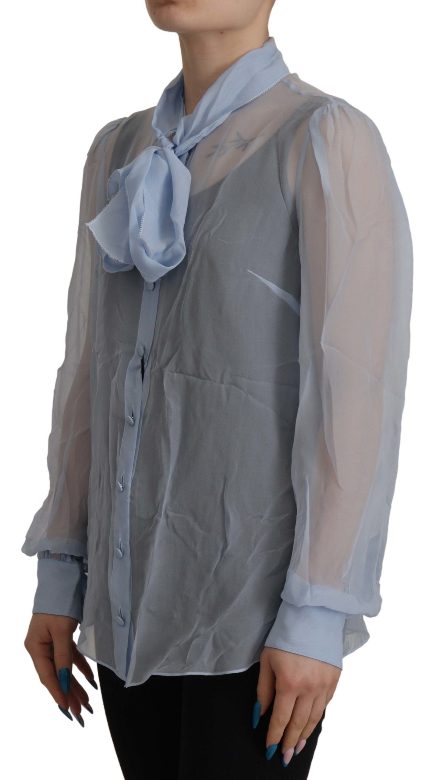 Dolce & Gabbana Hellblaues Seiden-Ascot-Kragen-Top mit langen Ärmeln