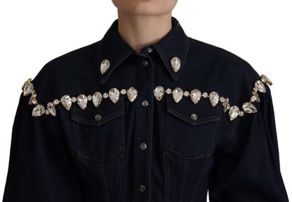 Dolce & Gabbana Blaue Denim Jacke aus Baumwolle mit Kristallverzierung