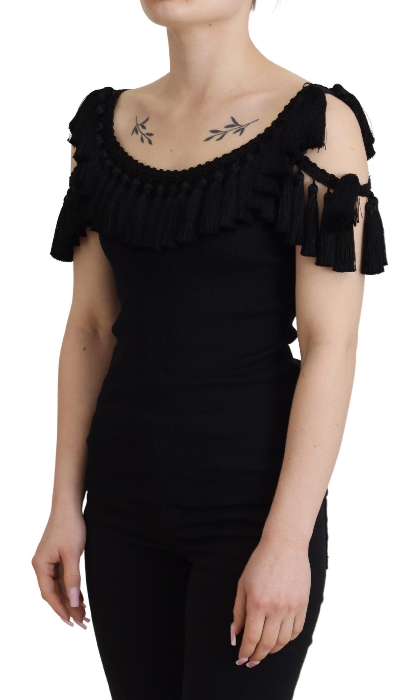 Dolce & Gabbana Schwarzes Tanktop Bluse Quastenbluse Baumwolle