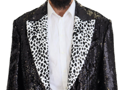 Dolce & Gabbana Schwarzer Pailletten-Blazer aus Nylon mit Kuhmuster