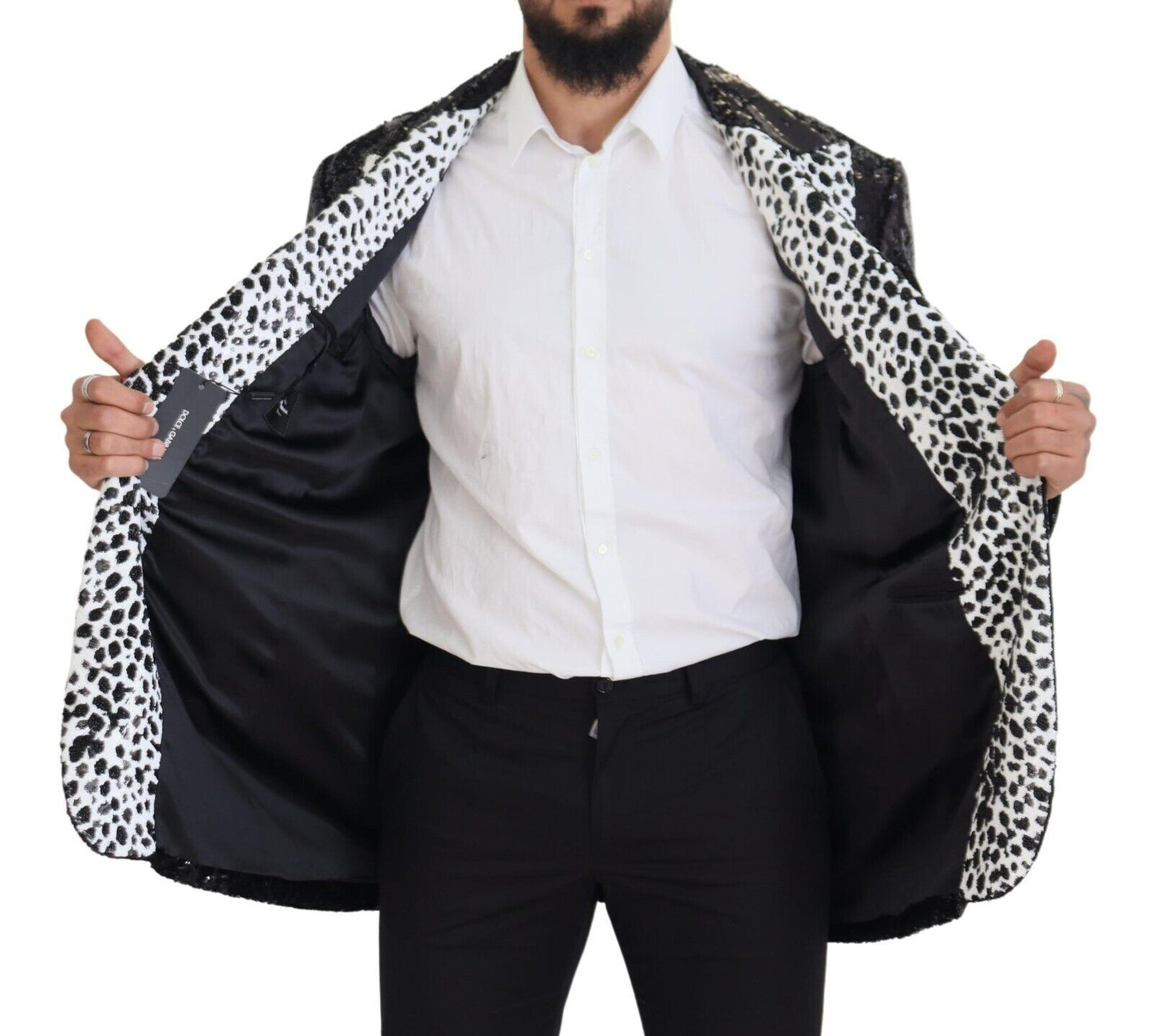 Dolce & Gabbana Schwarzer Pailletten-Blazer aus Nylon mit Kuhmuster