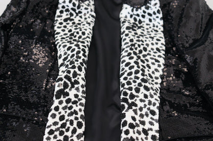 Dolce & Gabbana Schwarzer Pailletten-Blazer aus Nylon mit Kuhmuster