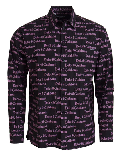 Dolce & Gabbana Schwarzes lila Logo Slim Dress Formales Hemd