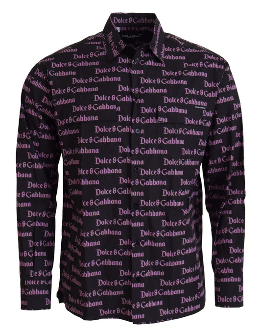 Dolce & Gabbana Schwarzes lila Logo Slim Dress Formales Hemd