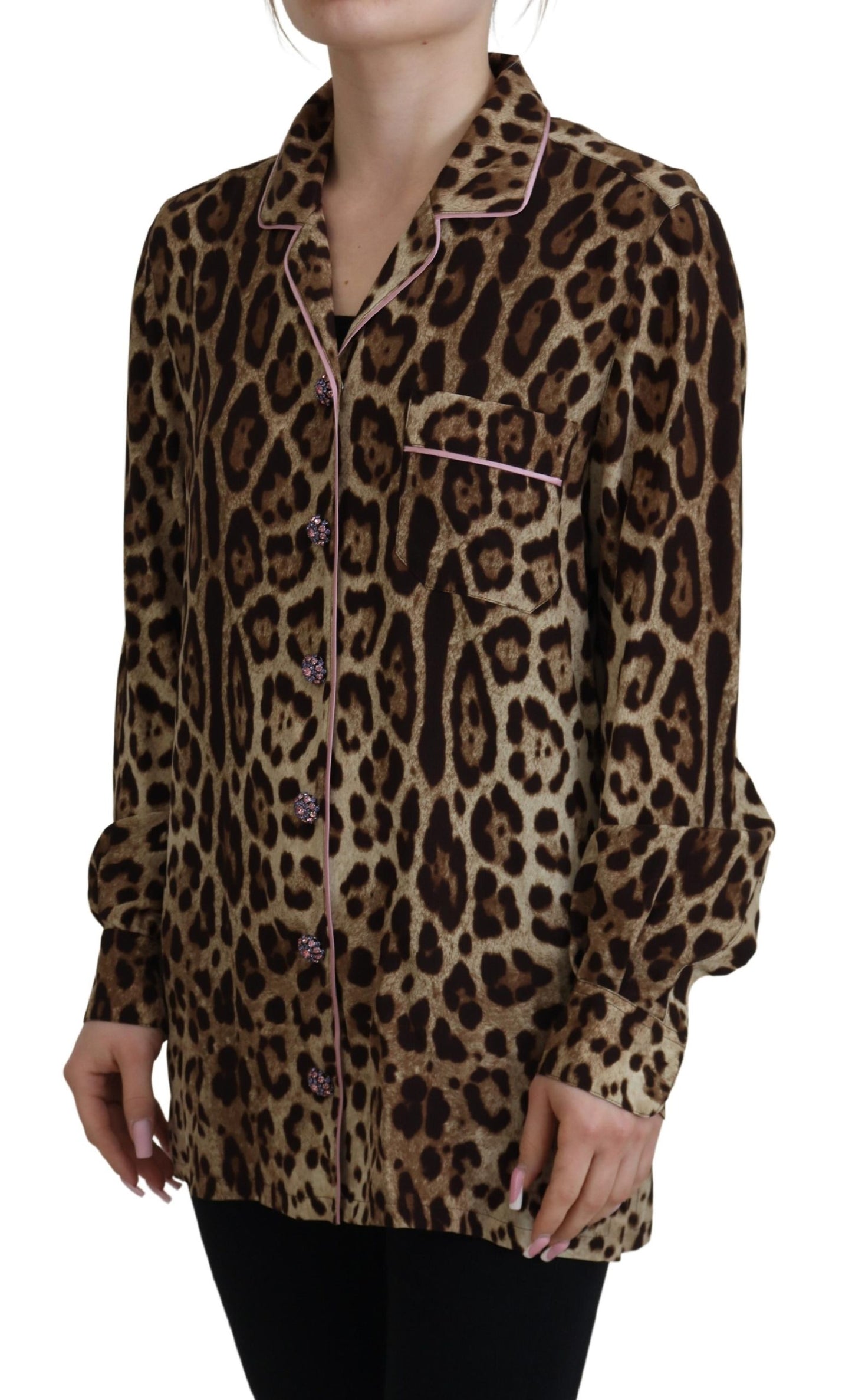 Dolce & Gabbana Braunes Leopardendruck Blusenoberteil mit langen Ärmeln