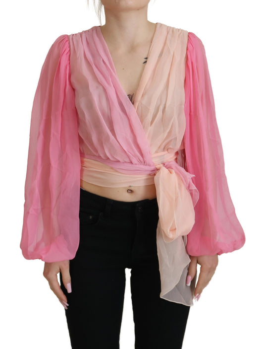 Dolce & Gabbana Rosa Seiden-Wickelbluse mit langen Ärmeln Top