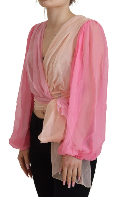 Dolce & Gabbana Rosa Seiden-Wickelbluse mit langen Ärmeln Top