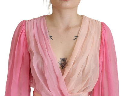 Dolce & Gabbana Rosa Seiden-Wickelbluse mit langen Ärmeln Top