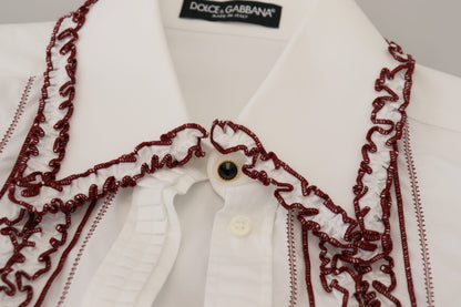 Dolce & Gabbana Weißes Spitzen-Top mit langen Ärmeln und Rüschenkragen