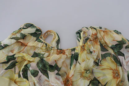 Dolce & Gabbana Gelbes Maxikleid mit Blumendruck und Plissee aus Seide