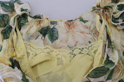 Dolce & Gabbana Gelbes Maxikleid mit Blumendruck und Plissee aus Seide