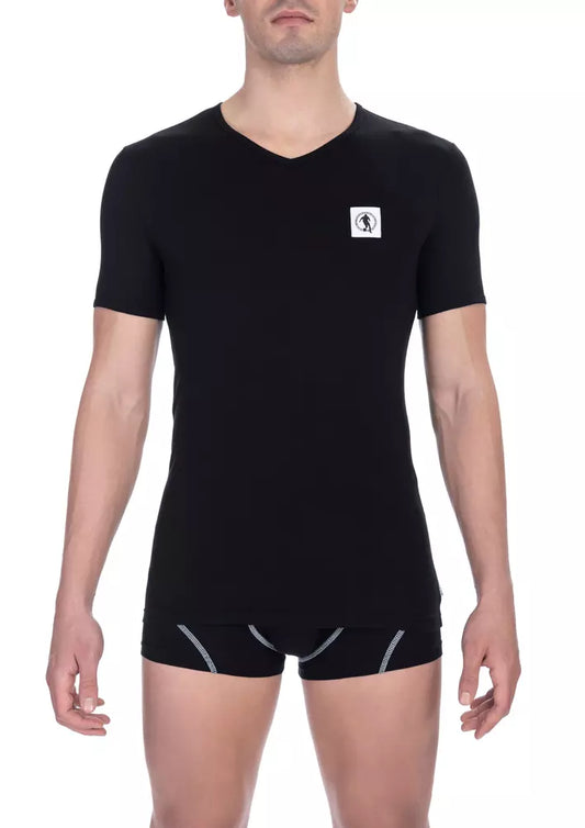 Bikkembergs Schwarzes Baumwoll-T-Shirt mit V-Ausschnitt für Männer