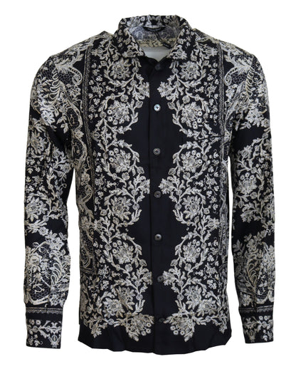 Dolce & Gabbana Blaues Seidenblumen Barock Satin Freizeithemd
