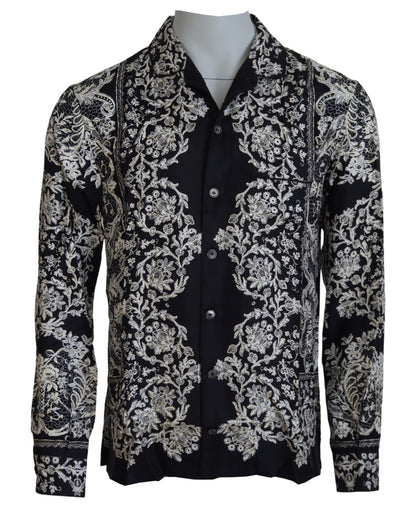 Dolce & Gabbana Blaues Seidenblumen Barock Satin Freizeithemd
