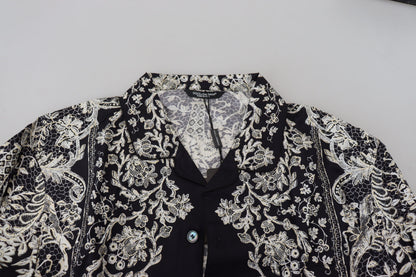 Dolce & Gabbana Blaues Seidenblumen Barock Satin Freizeithemd
